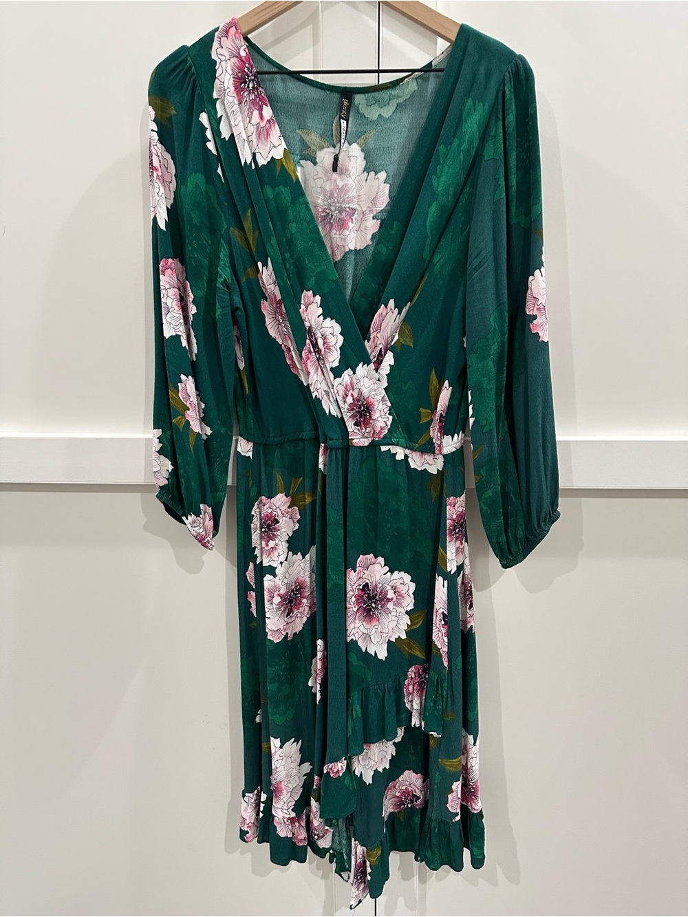 Tracy Reese (Anthropologie) Emerald Green Wrap Dress with Pink Floral Print